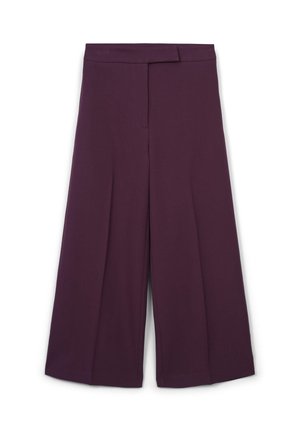 Purple wide-leg trousers featuring a flat front, side seam pockets, and a smooth textile finish with a clean design.