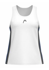 Camiseta atlética blanca sin mangas con paneles laterales grises y azules. Presenta un escote redondeado y un logotipo en el centro. Textura suave.