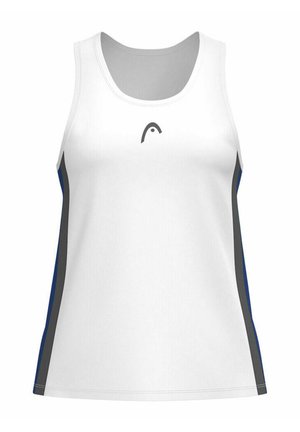 Witte sportieve tanktop met grijze en blauwe zijpanelen. Heeft een ronde halslijn en een logo in het midden. Glad materiaal.