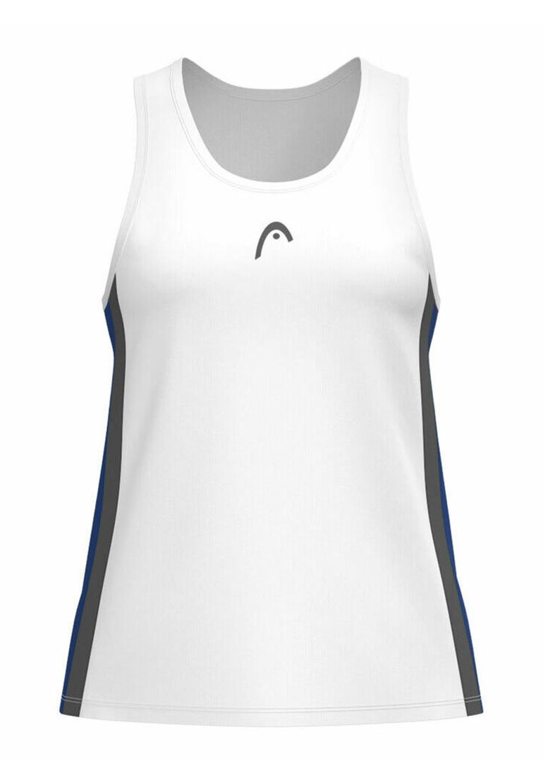 Camiseta atlética blanca sin mangas con paneles laterales grises y azules. Presenta un escote redondeado y un logotipo en el centro. Textura suave.