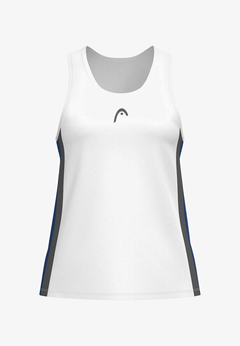 Canotta sportiva bianca con pannelli laterali grigi e blu. Presenta un collo rotondo e un logo al centro. Texture liscia.