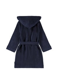 Tumši zils kapuci halāts ar garām piedurknēm, saitītes josta un teksturēts dvielīša materiāls. Aizmugures skats parāda vienkāršu, funkcionālu dizainu.