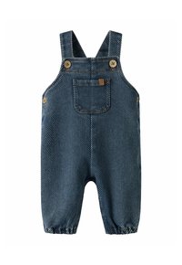 Sinine denim beebi üleüldised, millel on reguleeritavad õlavööd, eesmine tasku, külgedel ja rihmadel nööbid ning elastsed pahkluud.