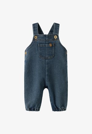 Blaue Baby-Jeansoveralls mit verstellbaren Schulterträgern, Fronttasche, Knopfverschlüssen an den Seiten und Trägern sowie elastischen Knöchelbündchen.