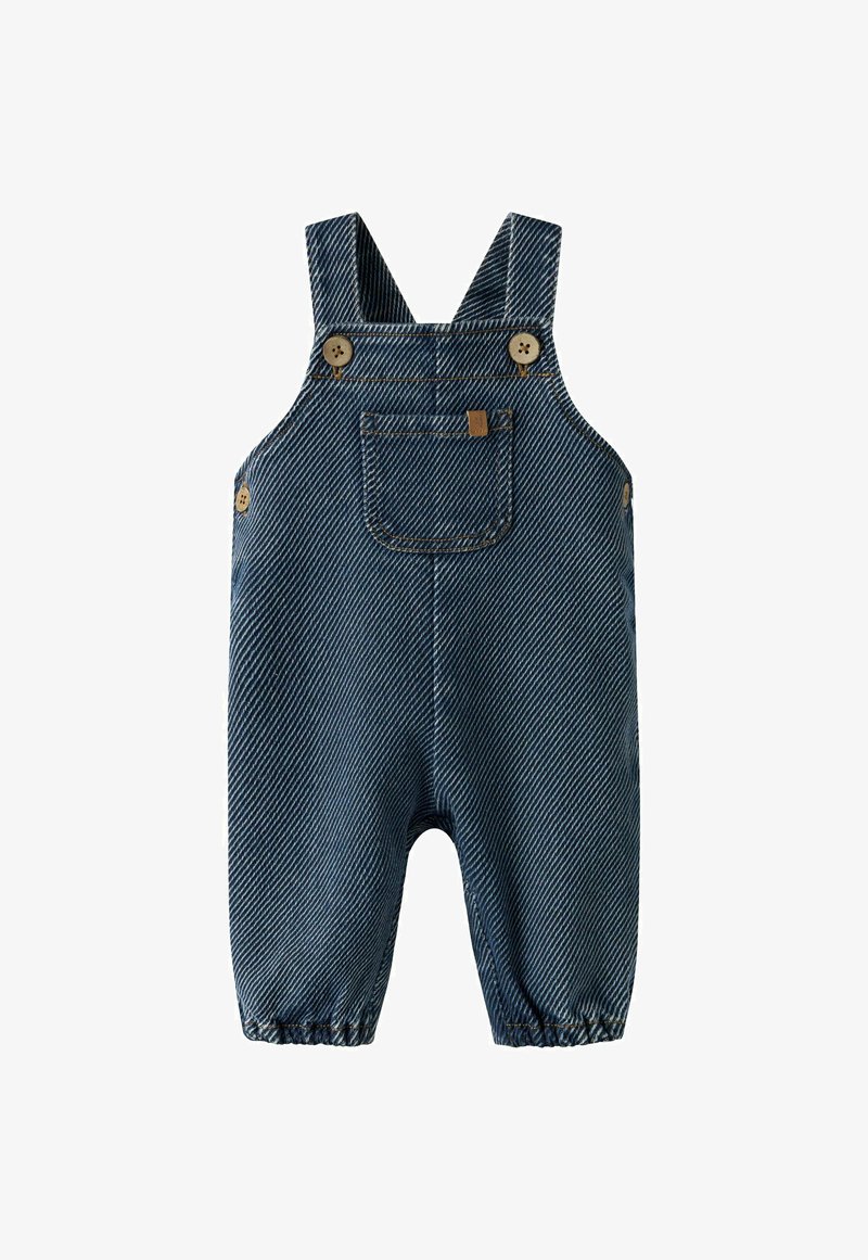 Blue denim baby overalls with adjustable shoulder straps, front pocket, button fastenings on sides and straps, and elasticated ankle cuffs.
