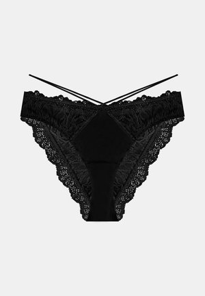 Czarne hipstery z koronki z kwiatowym wzorem, z falistymi brzegami i gładkim środkowym panelem oraz cienkimi paskami krzyżującymi się z tyłu.