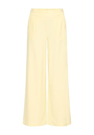 Pantaloni a vita alta con gamba ampia in tessuto giallo morbido con pieghe frontali sottili e una cintura liscia.