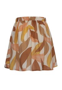 Bloemenpatronen rok in tinten oranje, bruin en crème. Gemaakt van lichte stof met een elastische tailleband en een vloeiende uitstraling.