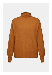 Pull à col roulé marron avec manches longues, poignets et ourlet côtelés, texture tricotée, et coupe décontractée sur un fond uni.