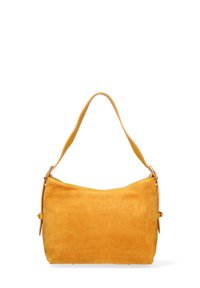 Borsa in suede di un vivace colore giallo con una texture liscia. Presenta una corta tracolla e una chiusura con zip nella parte superiore.