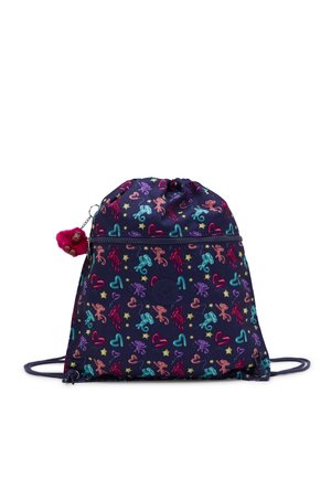 Sac à cordon bleu foncé avec des motifs colorés de singe, cœur et étoile, et un petit porte-clés singe en peluche attaché à la fermeture éclair.