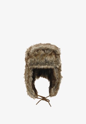 Faux-Fur-Pernickelmütze in Braun, mit einer dicken, strukturierten Außenseite, Ohrenklappen und einem braunen Band für einen sicheren Halt.