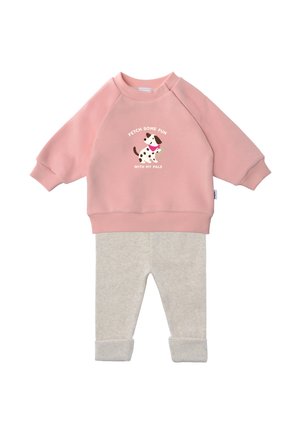 Pink long-sleeve baby sweatshirt with a dog graphic and "Fetch some fun with my pals" text, paired with light grey pants.