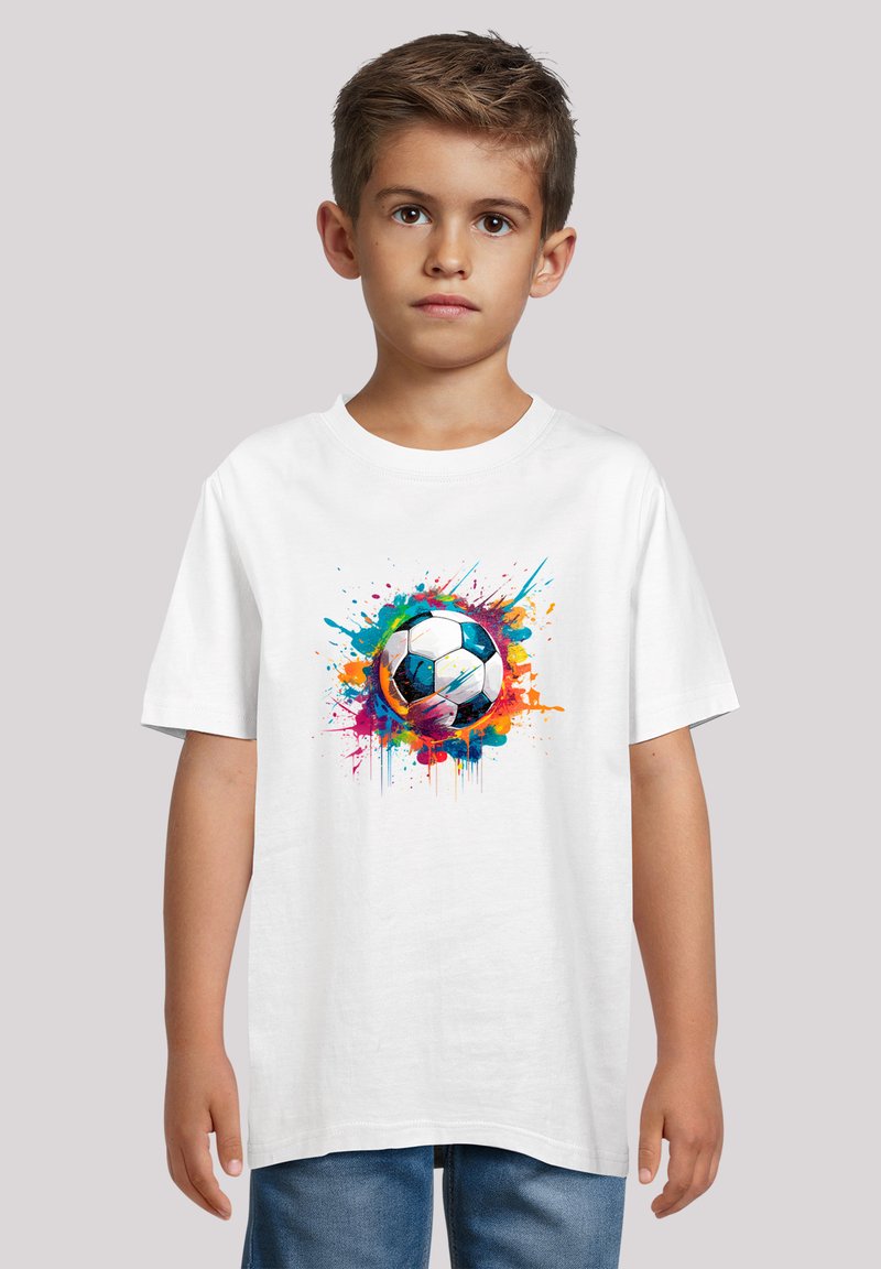 White cotton T-shirt featuring a colorful, splattered graphic of a soccer ball on the front. Short sleeves, crew neck design.
