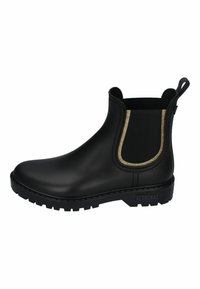Bottine chelsea en caoutchouc noir avec accent en élastique doré, bout arrondi, semelle texturée et loquet à l'arrière. Marque visible sur le côté.