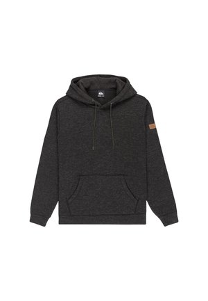 Dark gray hoodie with a drawstring, front pocket, and textured fabric. Features a small logo patch on the left sleeve.