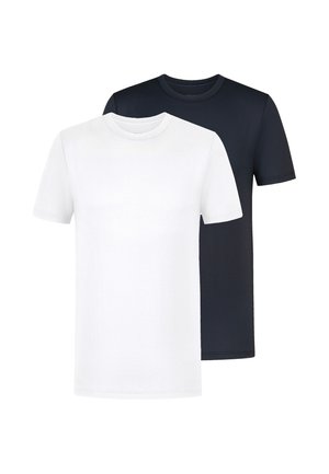 To enkle t-shirts med korte ærmer og rund hals, den ene hvid foran og den anden sort bagved, vist på en hvid baggrund.