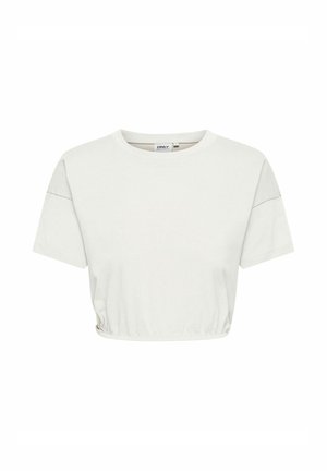 Hvid kortærmet T-shirt med rund halsudskæring og elastisk kant, vist på en ensfarvet hvid baggrund.