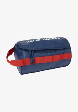 Blå sylinderformet bag laget av vanntett materiale, med et rødt strap og teksten "HELLY HANSEN" i hvitt på forsiden.