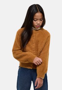 Pull en laine brun moelleux avec un col rond et des détails de boutons, associé à un jean en denim noir. Présente des manches longues, légèrement surdimensionnées.