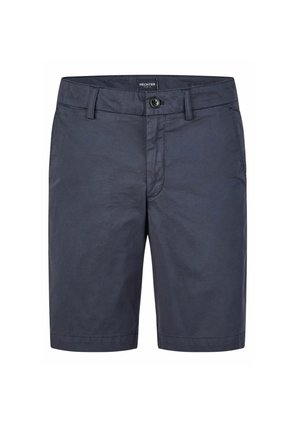 Herren Shorts in Marineblau aus Baumwolle, mit flachem Bund, zwei seitlichen Taschen und einem einzelnen Knopfverschluss. Glatte Textur mit minimalem Design.