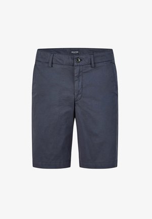 Shorts pour hommes bleu marine en coton, avec taille plate, deux poches latérales et une fermeture à un bouton. Texture lisse avec un minimum de détails.