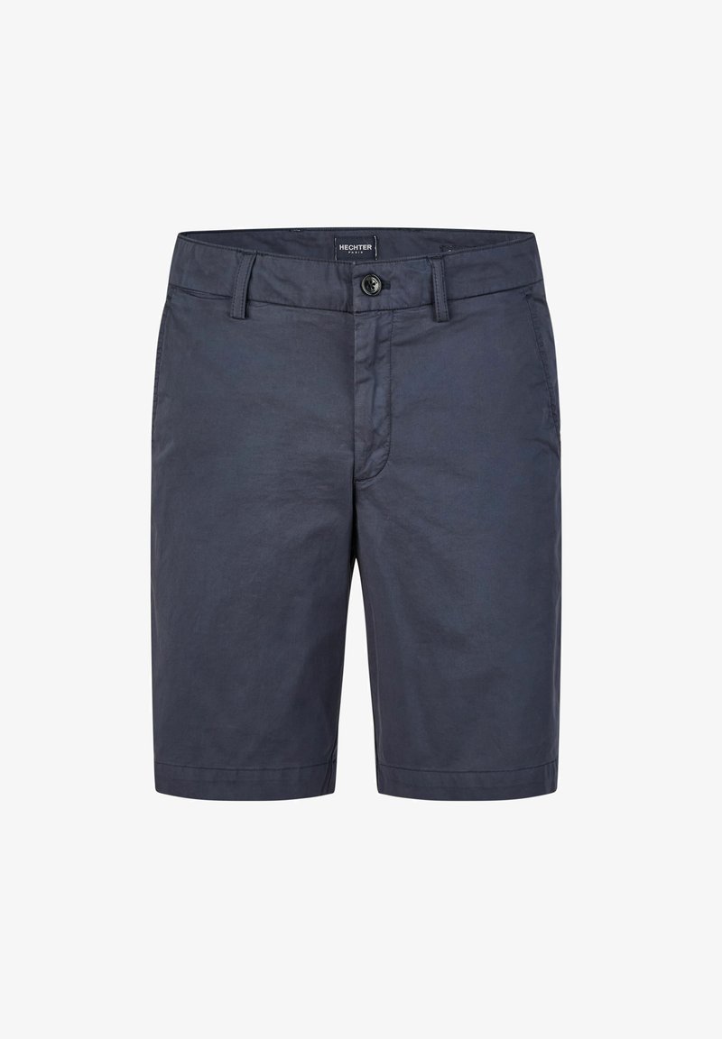 Herren Shorts in Marineblau aus Baumwolle, mit flachem Bund, zwei seitlichen Taschen und einem einzelnen Knopfverschluss. Glatte Textur mit minimalem Design.