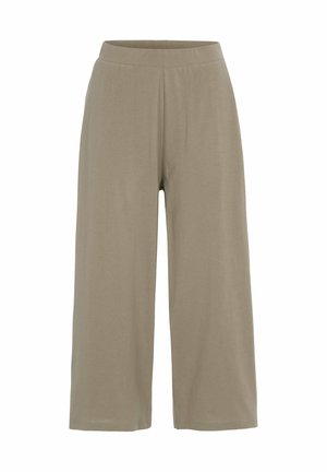 Taupe weit geschnittene, knöchellange Hose mit elastischem Bund und ohne sichtbare Taschen oder Verzierungen, dargestellt auf weißem Hintergrund.
