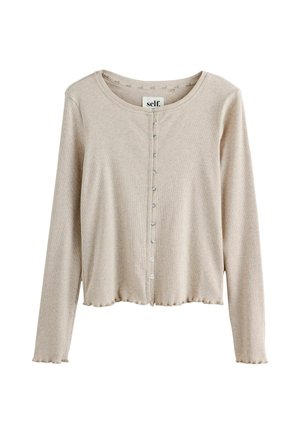 Bežs garās piedurknes kardigāns, izgatavots no ribotā auduma, ar apļa kakla izgriezumu, priekšējo pogu aizdari un viļņotu apakšmalu un piedurkņu malas.