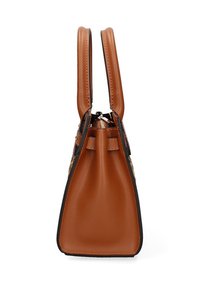 Borsa a mano in pelle marrone con due manici superiori, forma strutturata, chiusura con zip e dettagli neri a contrasto sui bordi e sulle parti metalliche.