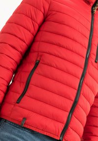 Rote Daunenjacke mit gestepptem Design, ausgestattet mit schwarzem Reißverschluss und Seitentaschen. Leichtes Material und glatte Textur.