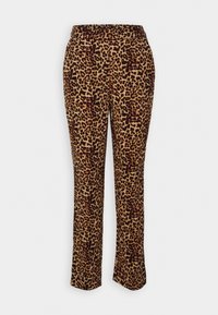 Byxor med leopardmönster och elastiskt midjeband, i nyanser av brunt och svart på en beige bakgrund, rak benmodell och mjuk textur.