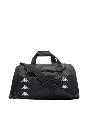 Borsa sportiva duffel nera con doppi manici, tracolla regolabile e loghi bianchi Kappa sulla tasca frontale.