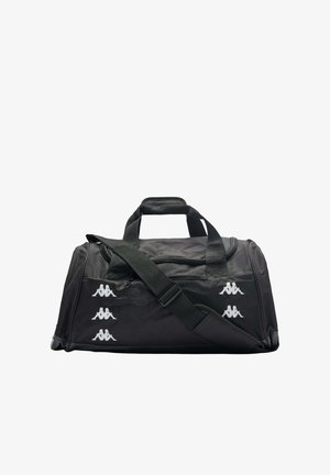 Sac de sport duffel noir avec double poignées, sangle d'épaule ajustable et logos Kappa blancs sur la poche avant.