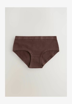 Tumši brūni kokvilnas apakšveļas bikses ar gludu tekstūru, ar elastīgu jostu, kurā ir marķējums "NEXT" gaišāk brūnā krāsā. Izstrādātas komfortam.