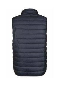 Gilet senza maniche trapuntato blu navy con cuciture orizzontali e colletto alto, mostrato da dietro.