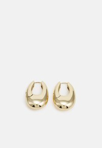 Gold, hoop-style earrings with a smooth, reflective finish and a slight curve, featuring an open closure design.