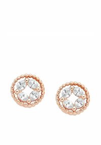 Pendientes de oro rosa con un diseño circular, adornados con cuatro piedras de corte marquesa transparentes, rodeados por un borde de cuentas para dar textura.