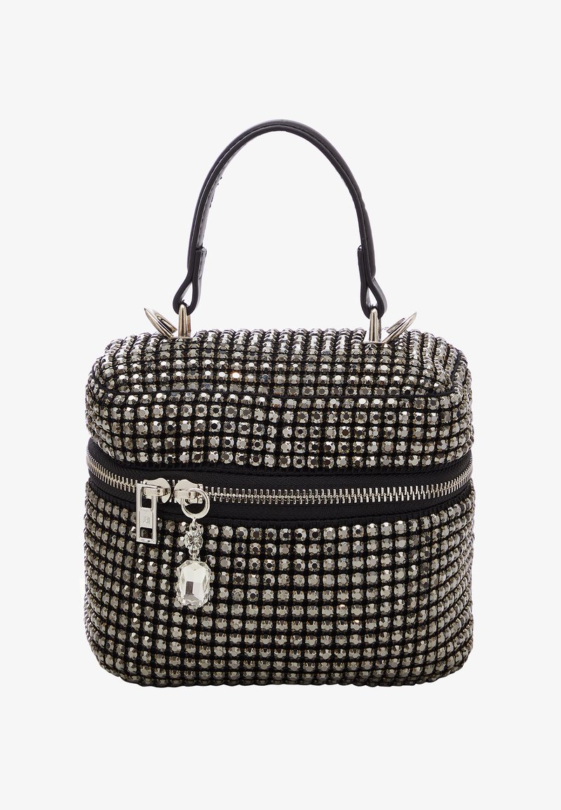 Sac à main noir et argent orné de strass, avec une poignée supérieure, une fermeture éclair et un charme décoratif attaché à la fermeture éclair.