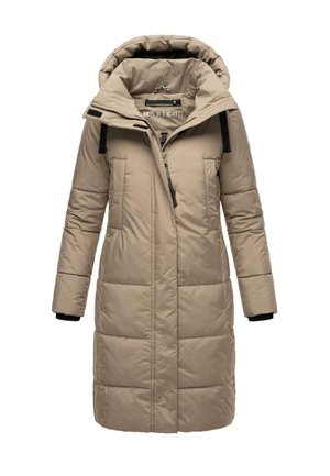 Cappotto imbottito beige con cappuccio, caratterizzato da chiusura con zip, due tasche frontali e dettagli neri sulle maniche. Texture liscia, design di lunghezza media.