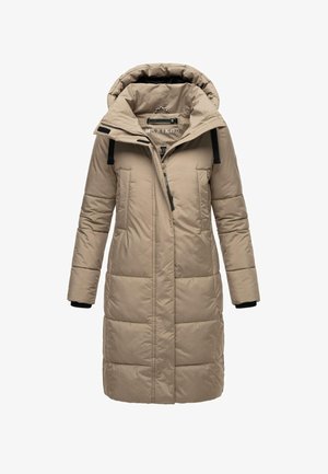 Beige padded coat with a hood, featuring a zip closure, two front pockets, and black sleeve accents. Smooth texture, mid-length design.