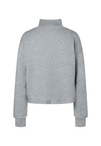 Grauer, kürzer geschnittener Sweatshirt mit hohem Kragen, langen Ärmeln und gerippten Bündchen. Weicher Stoff und minimale Nahtdetails.