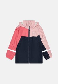 Μπουφάν με χρωματικές μπλοκ σε ροζ και ναυτικό μπλε πάνελ, ελαφρύ υλικό, φερμουάρ μπροστά, ελαστικά μανίκια και ανακλαστική λεπτομέρεια στα μανίκια.
