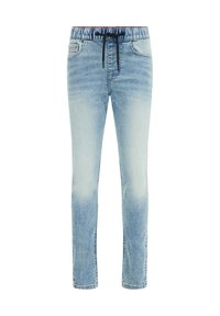 Jeans slim fit azzurri chiari con vita elastica e lacci neri, dotati di tasche anteriori e per le monete, con effetto slavato.