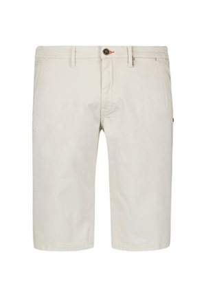 Beige cotton shorts with a button closure, belt loops, and side pockets; smooth texture with a straight cut and knee-length design.