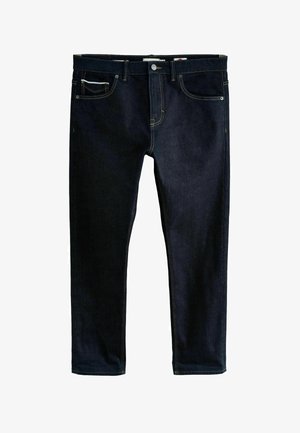 Dark denim jeans with a straight fit. Features five pockets and contrast stitching. Waistband includes a button and zipper closure.