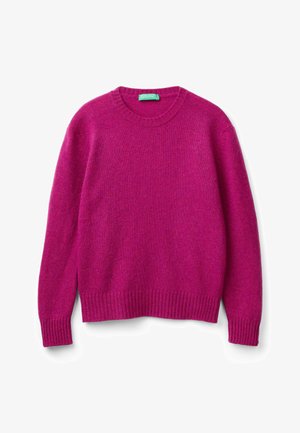 Fuchsia Pullover aus weichem Strickstoff, mit Rundhalsausschnitt, langen Ärmeln, gerippten Bündchen und einem gerippten Saum.
