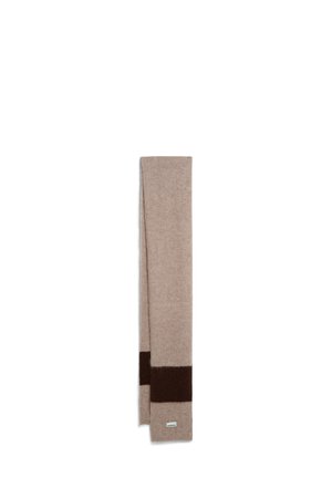 Beige Wollschal mit einem dunkelbraunen horizontalen Streifen nahe einem Ende und einem kleinen weißen Markenetikett an der Unterseite.