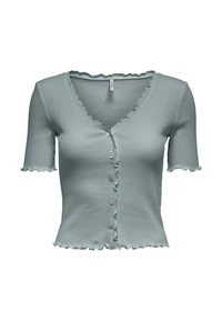 Cardigan à manches courtes et col en V en tissu côtelé bleu clair doux, présentant des bords ondulés et cinq boutons sur le devant.