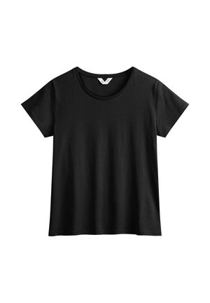 Schwarzes T-Shirt mit kurzen Ärmeln und rundem Ausschnitt, aus weichem Baumwollmischgewebe gefertigt, mit einer einfachen, glatten Textur und geradem Saum.